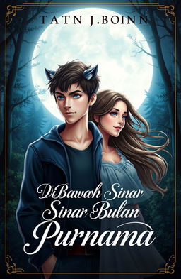 A romantic fantasy book cover titled 'Di Bawah Sinar Bulan Purnama' featuring a mystical full moon illuminating the scene