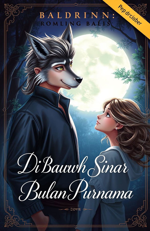 A romantic fantasy book cover titled 'Di Bawah Sinar Bulan Purnama' featuring a mystical full moon illuminating the scene