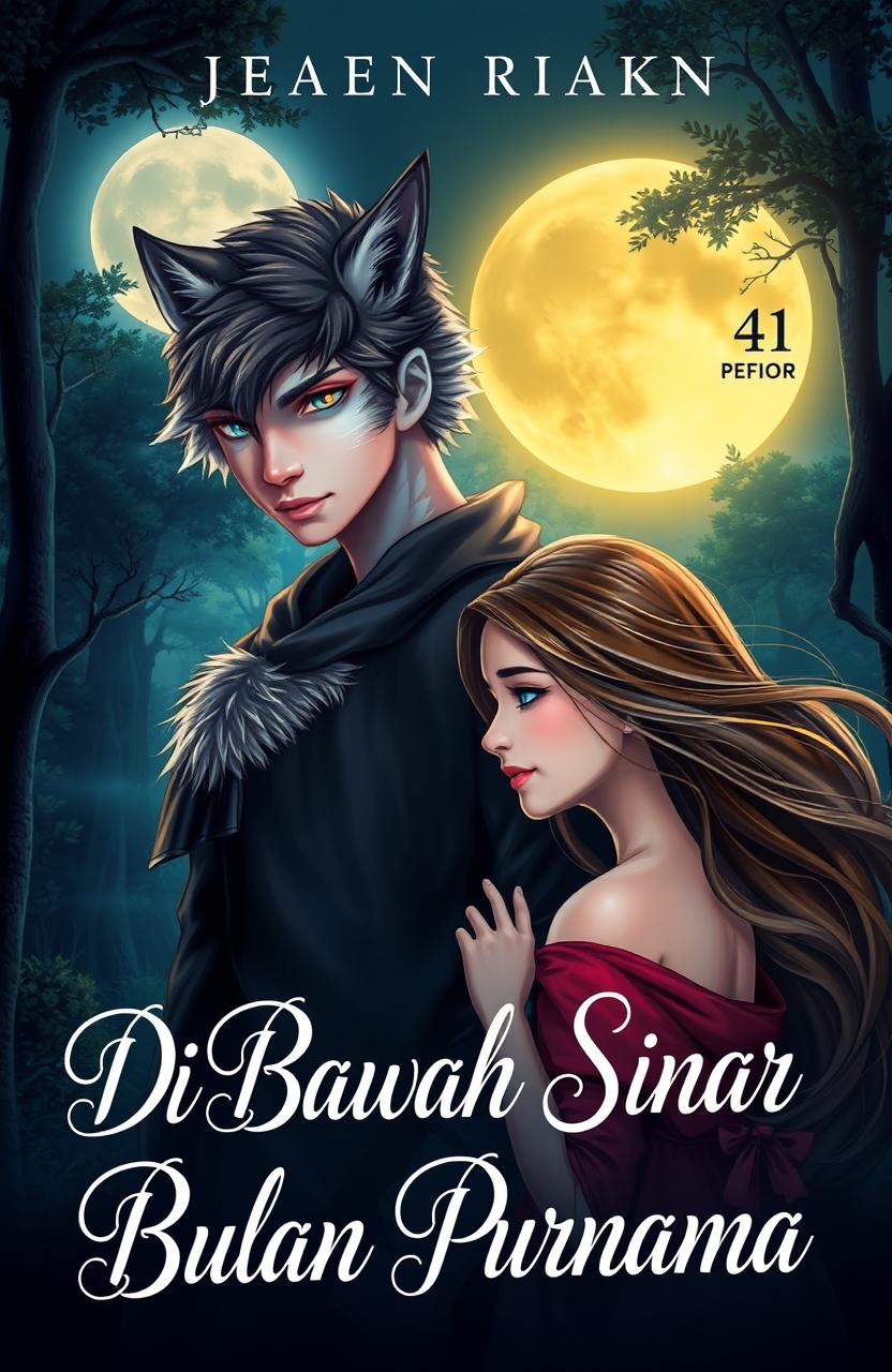 A romantic fantasy book cover titled 'Di Bawah Sinar Bulan Purnama' featuring a mystical full moon illuminating the scene