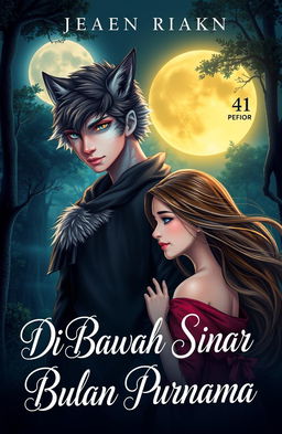 A romantic fantasy book cover titled 'Di Bawah Sinar Bulan Purnama' featuring a mystical full moon illuminating the scene