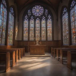 An ultra-high-definition, highly detailed image of a cyber-organic church with soft morning light filtering through stained glass windows. The scene captures professional-level photography.