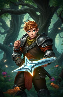 A heroic adventurer in a dense, enchanted forest, wearing rugged armor and holding a glowing sword