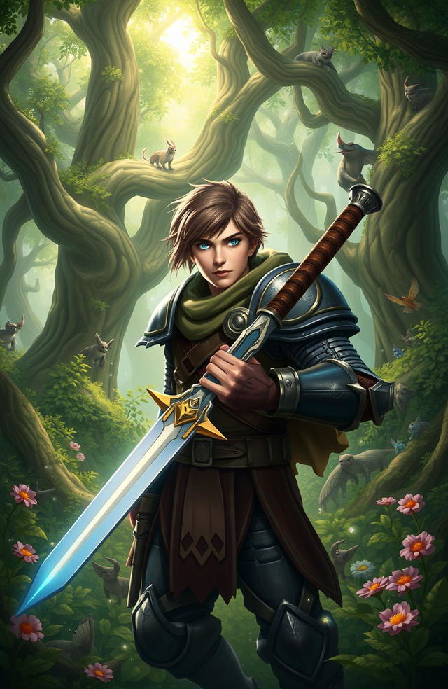 A heroic adventurer in a dense, enchanted forest, wearing rugged armor and holding a glowing sword