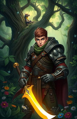 A heroic adventurer in a dense, enchanted forest, wearing rugged armor and holding a glowing sword