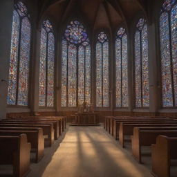 An ultra-high-definition, highly detailed image of a cyber-organic church with soft morning light filtering through stained glass windows. The scene captures professional-level photography.