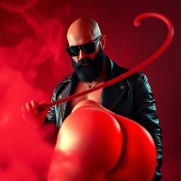 A realistic depiction of a bald man with a striking black beard, wearing dark sunglasses and a stylish leather jacket