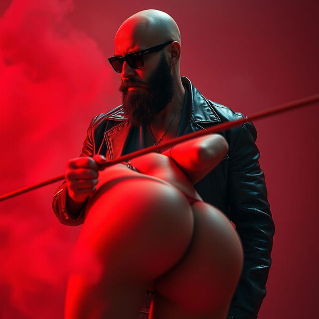 A realistic depiction of a bald man with a striking black beard, wearing dark sunglasses and a stylish leather jacket