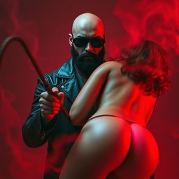 A realistic depiction of a bald man with a striking black beard, wearing dark sunglasses and a stylish leather jacket