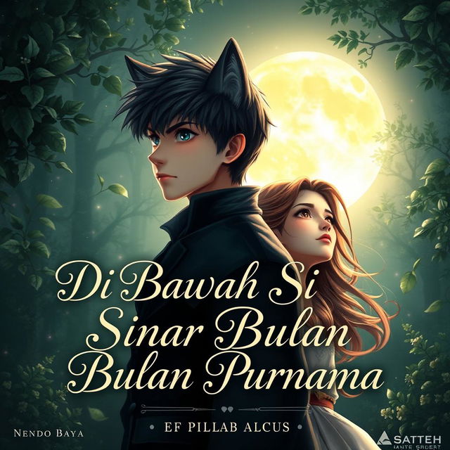 A captivating book cover titled 'Di Bawah Sinar Bulan Purnama' featuring a magical and romantic scene beneath a bright, full moon