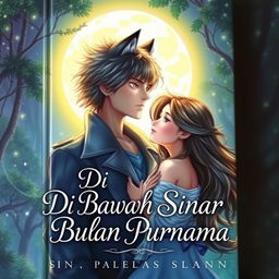 A captivating book cover titled 'Di Bawah Sinar Bulan Purnama' featuring a magical and romantic scene beneath a bright, full moon