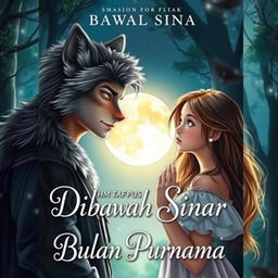 A captivating book cover titled 'Di Bawah Sinar Bulan Purnama' featuring a magical and romantic scene beneath a bright, full moon