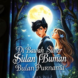 A captivating book cover titled 'Di Bawah Sinar Bulan Purnama' featuring a magical and romantic scene beneath a bright, full moon