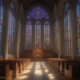 An ultra-high-definition, highly detailed image of a cyber-organic church with soft morning light filtering through stained glass windows. The scene captures professional-level photography.