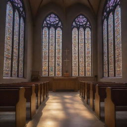 An ultra-high-definition, highly detailed image of a cyber-organic church with soft morning light filtering through stained glass windows. The scene captures professional-level photography.