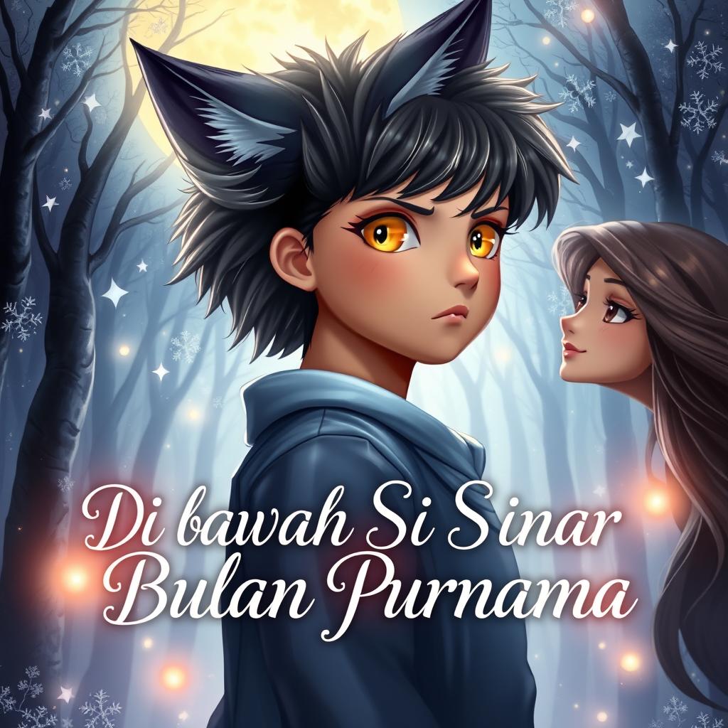 A stunning book cover titled 'Di Bawah Sinar Bulan Purnama' showcasing a romantic and enchanting scene