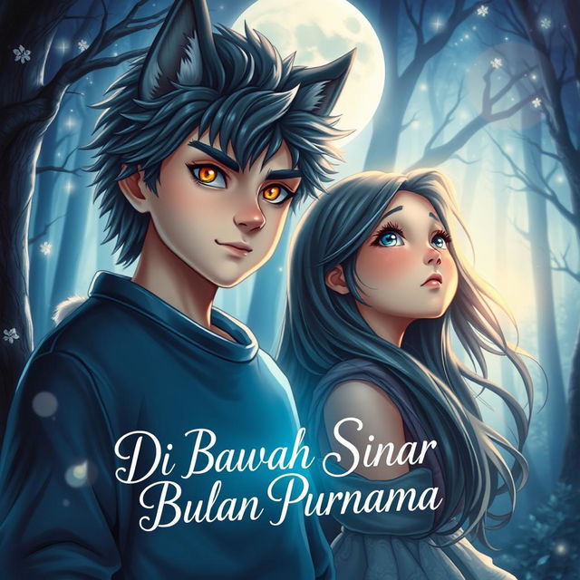 A stunning book cover titled 'Di Bawah Sinar Bulan Purnama' showcasing a romantic and enchanting scene