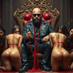 A realistic portrayal of a 40-year-old bald man with a black beard and dark sunglasses, exuding confidence as he sits on an ornate royal chair
