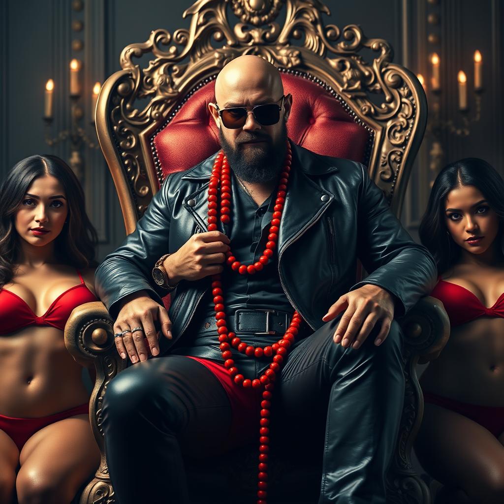 A realistic portrayal of a 40-year-old bald man with a black beard and dark sunglasses, exuding confidence as he sits on an ornate royal chair