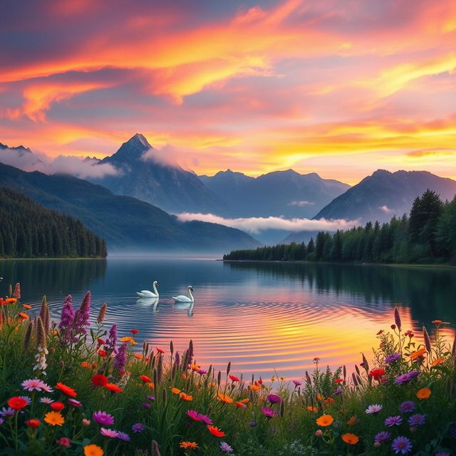 A dreamy landscape featuring a vibrant sunset over a serene lake, surrounded by lush greenery and colorful wildflowers in the foreground