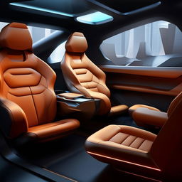 The seats in the rear cabin of a futuristic, state-of-the-art, 4-door SUV that convey plush comfort and groundbreaking design.