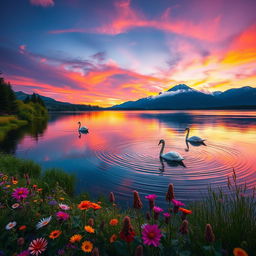 A dreamy landscape featuring a vibrant sunset over a serene lake, surrounded by lush greenery and colorful wildflowers in the foreground