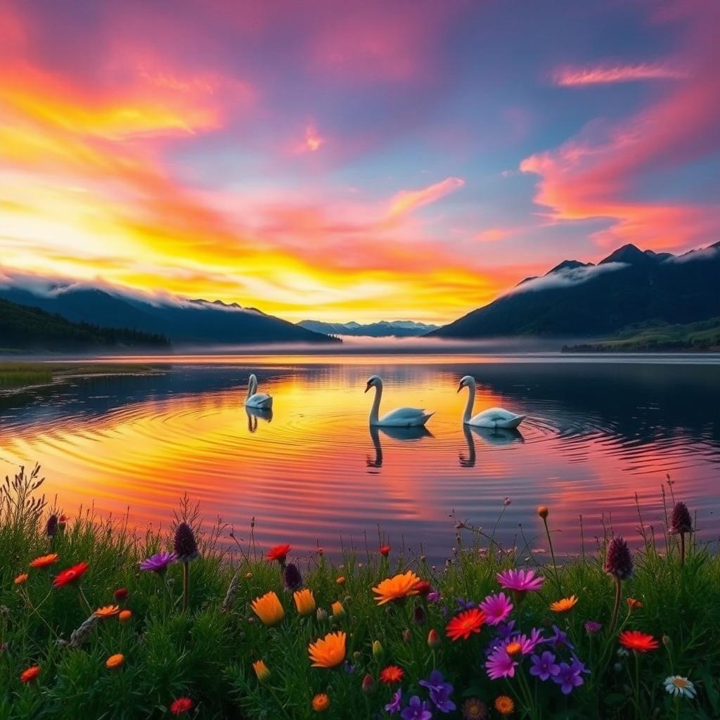 A dreamy landscape featuring a vibrant sunset over a serene lake, surrounded by lush greenery and colorful wildflowers in the foreground