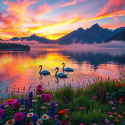 A dreamy landscape featuring a vibrant sunset over a serene lake, surrounded by lush greenery and colorful wildflowers in the foreground