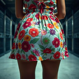 An extreme close-up of a round booty, showcased in a floral pattern sundress