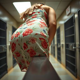 An extreme close-up shot focused on a round, shapely booty bending over a visitation counter, wearing a floral pattern sundress