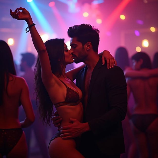 Nushrath Bharucha dancing sensually in a vibrant club atmosphere, wearing a stylish bikini