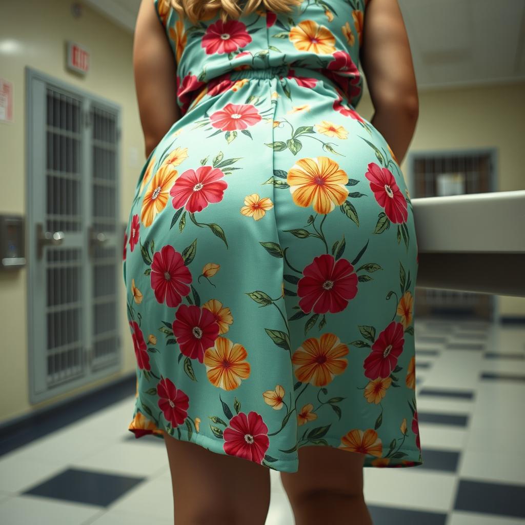 An extreme close-up of a round booty bending over a visitation counter, adorned in a beautiful floral pattern sundress