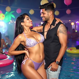 Nushrath Bharucha enjoying a playful and sensual moment at a vibrant pool party, wearing a stylish bikini
