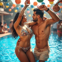 Nushrath Bharucha dancing playfully at a lively pool party, donning a fashionable bikini that accentuates her cleavage and navel