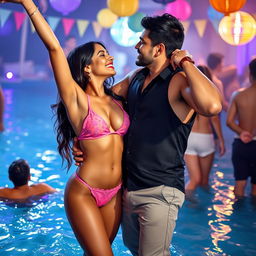 Nushrath Bharucha dancing playfully at a lively pool party, donning a fashionable bikini that accentuates her cleavage and navel