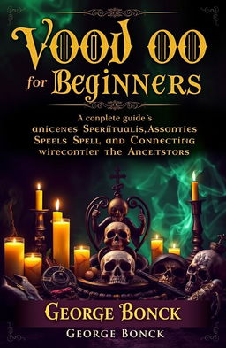 A mystical and captivating cover design for a book titled 'Voodoo for Beginners: Complete Guide to Spirituality, Spells and Connecting with the Ancestors'