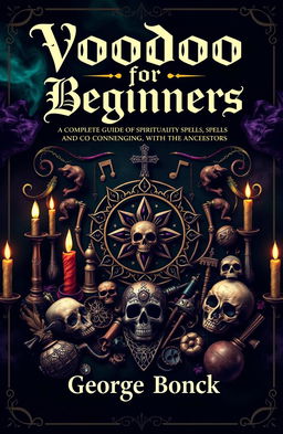 A mystical and captivating cover design for a book titled 'Voodoo for Beginners: Complete Guide to Spirituality, Spells and Connecting with the Ancestors'