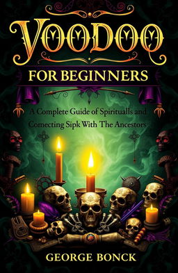 A mystical and captivating cover design for a book titled 'Voodoo for Beginners: Complete Guide to Spirituality, Spells and Connecting with the Ancestors'