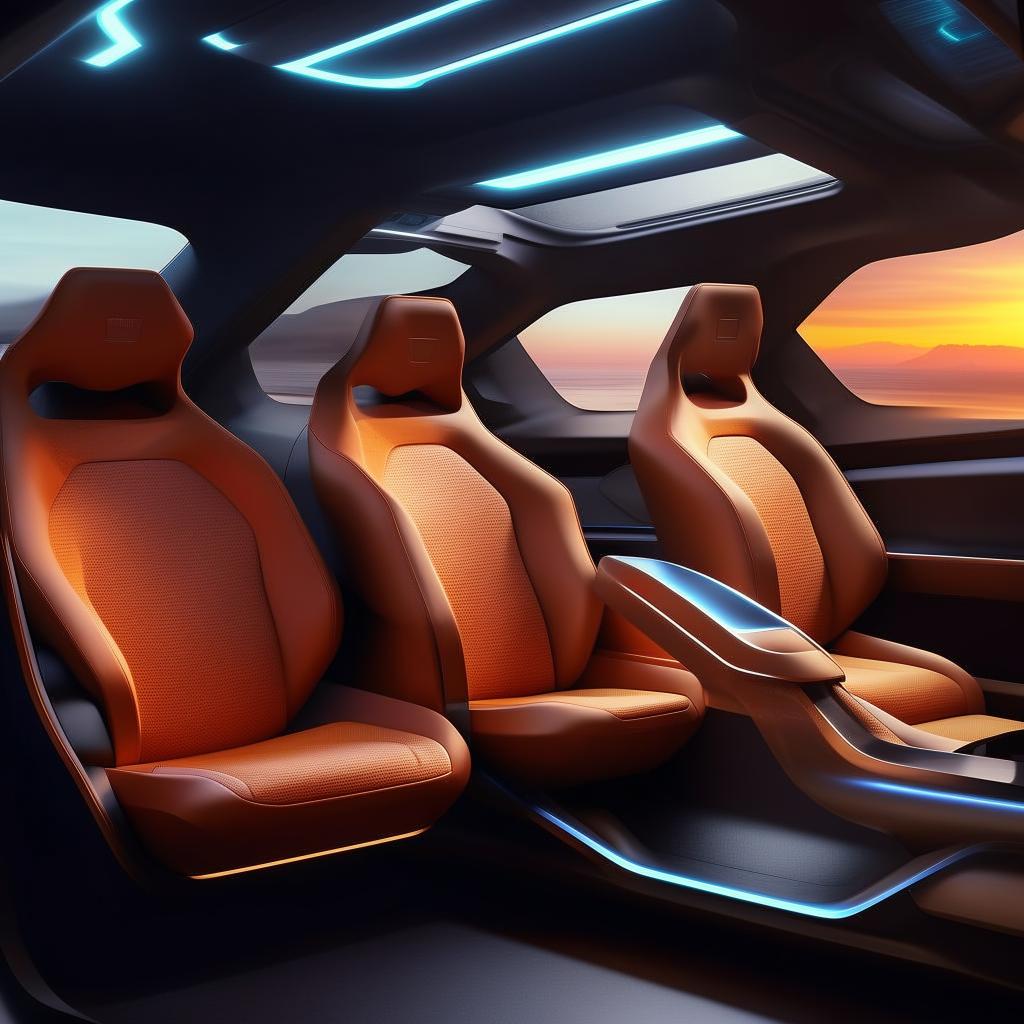 The seats in the rear cabin of a futuristic, state-of-the-art, 4-door SUV that convey plush comfort and groundbreaking design.