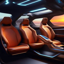 The seats in the rear cabin of a futuristic, state-of-the-art, 4-door SUV that convey plush comfort and groundbreaking design.