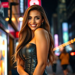 A captivating young woman showcasing a sleek, tight shiny black puffer corset that highlights her curves and figure beautifully