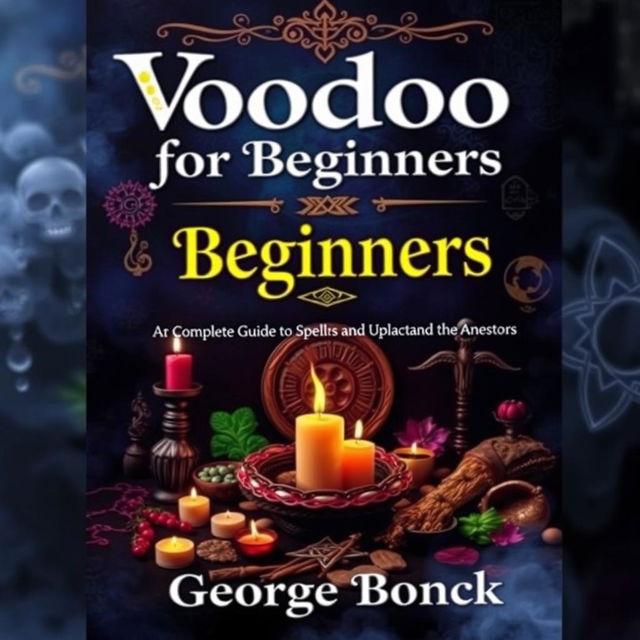 A visually striking book cover design with a spiritual voodoo ancient theme for the title 'Voodoo for Beginners: Complete Guide to Spirituality, Spells and Connecting with the Ancestors'