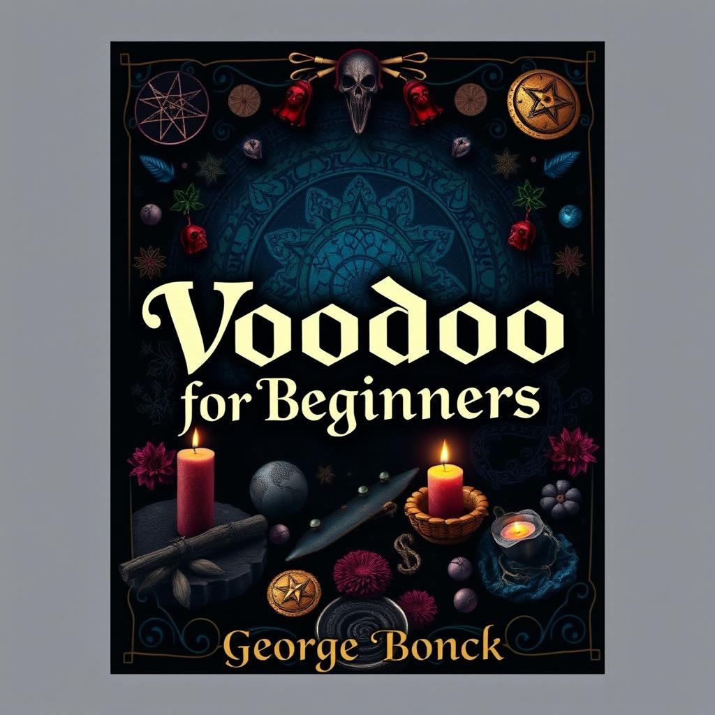 A visually striking book cover design with a spiritual voodoo ancient theme for the title 'Voodoo for Beginners: Complete Guide to Spirituality, Spells and Connecting with the Ancestors'