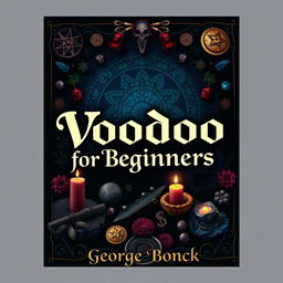 A visually striking book cover design with a spiritual voodoo ancient theme for the title 'Voodoo for Beginners: Complete Guide to Spirituality, Spells and Connecting with the Ancestors'