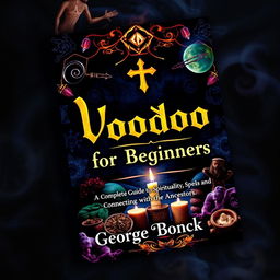 A visually striking book cover design with a spiritual voodoo ancient theme for the title 'Voodoo for Beginners: Complete Guide to Spirituality, Spells and Connecting with the Ancestors'