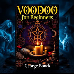 A visually striking book cover design with a spiritual voodoo ancient theme for the title 'Voodoo for Beginners: Complete Guide to Spirituality, Spells and Connecting with the Ancestors'