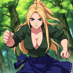 A dynamic portrait of Tsunade, the legendary female ninja from the anime Naruto, depicted in a powerful stance