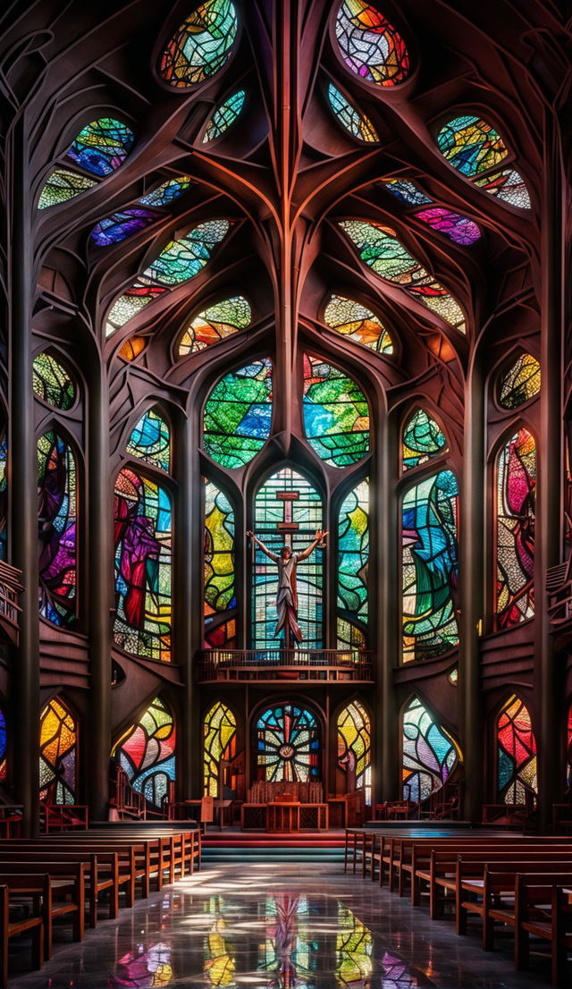 A 36k ultra-HD photograph capturing a cyber-organic church bathed in soft morning light filtering through vibrant stained glass windows.