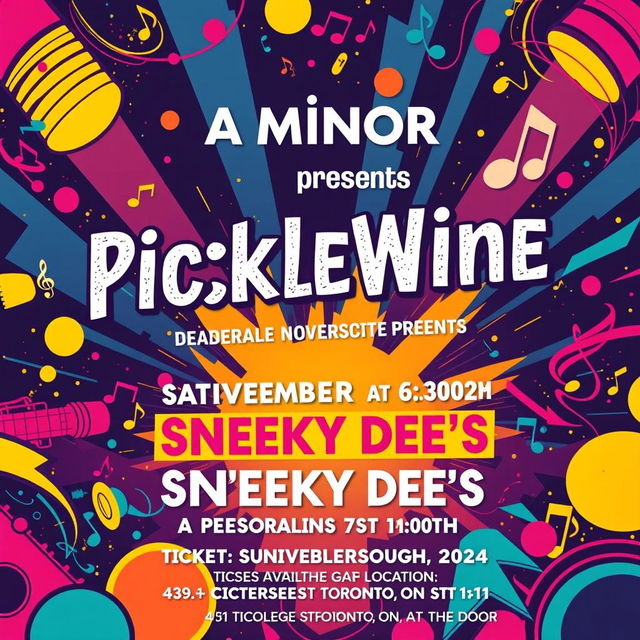 A vibrant and eye-catching music poster design featuring the following text: 'A Minor presents PickleWine at Sneeky Dee's Saturday November 9th 2024 Doors open at 6:30pm 19+ Location: 431 College St, Toronto, ON M5T 1T1 Tickets available through ticketweb