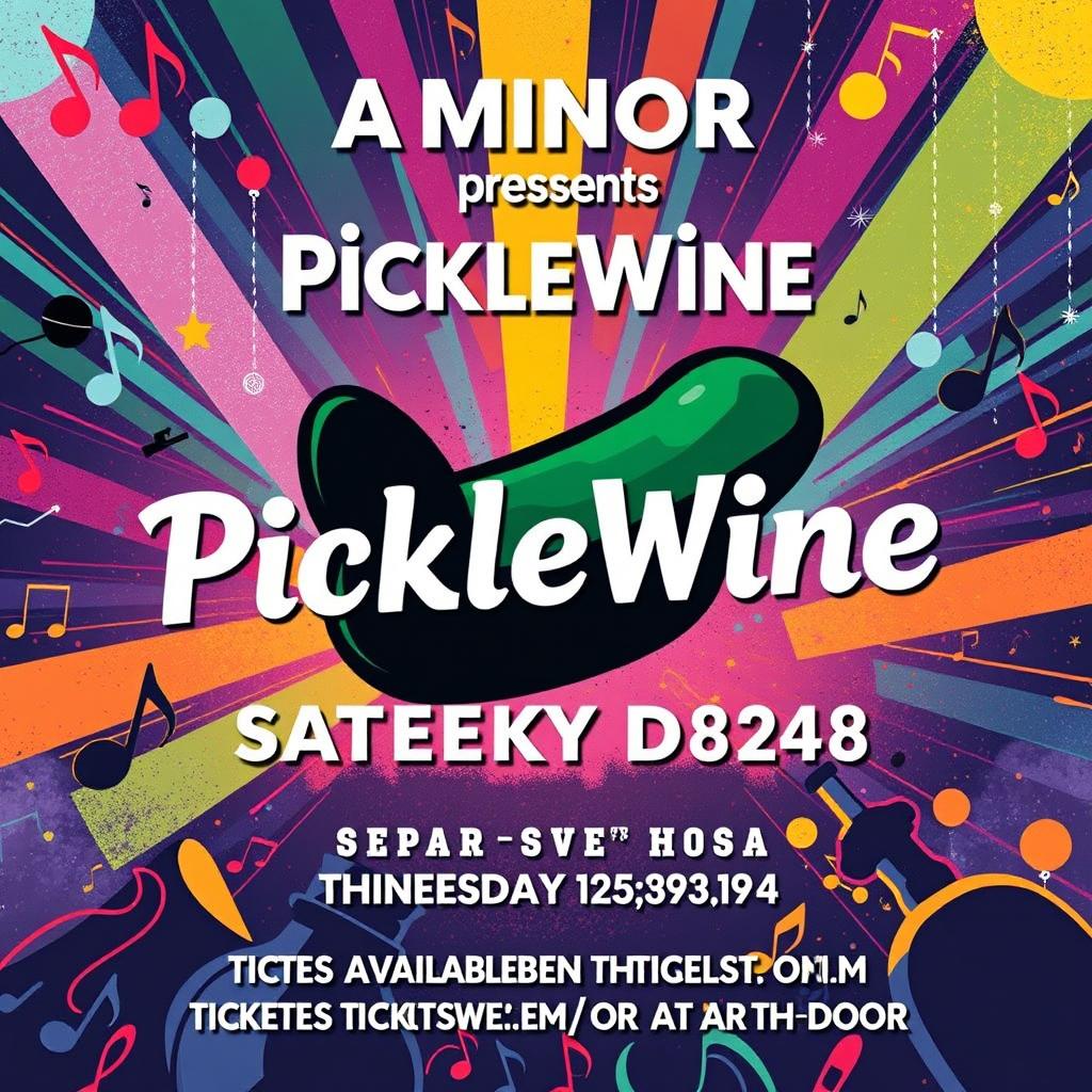 A vibrant and eye-catching music poster design featuring the following text: 'A Minor presents PickleWine at Sneeky Dee's Saturday November 9th 2024 Doors open at 6:30pm 19+ Location: 431 College St, Toronto, ON M5T 1T1 Tickets available through ticketweb