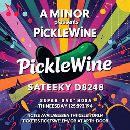 A vibrant and eye-catching music poster design featuring the following text: 'A Minor presents PickleWine at Sneeky Dee's Saturday November 9th 2024 Doors open at 6:30pm 19+ Location: 431 College St, Toronto, ON M5T 1T1 Tickets available through ticketweb